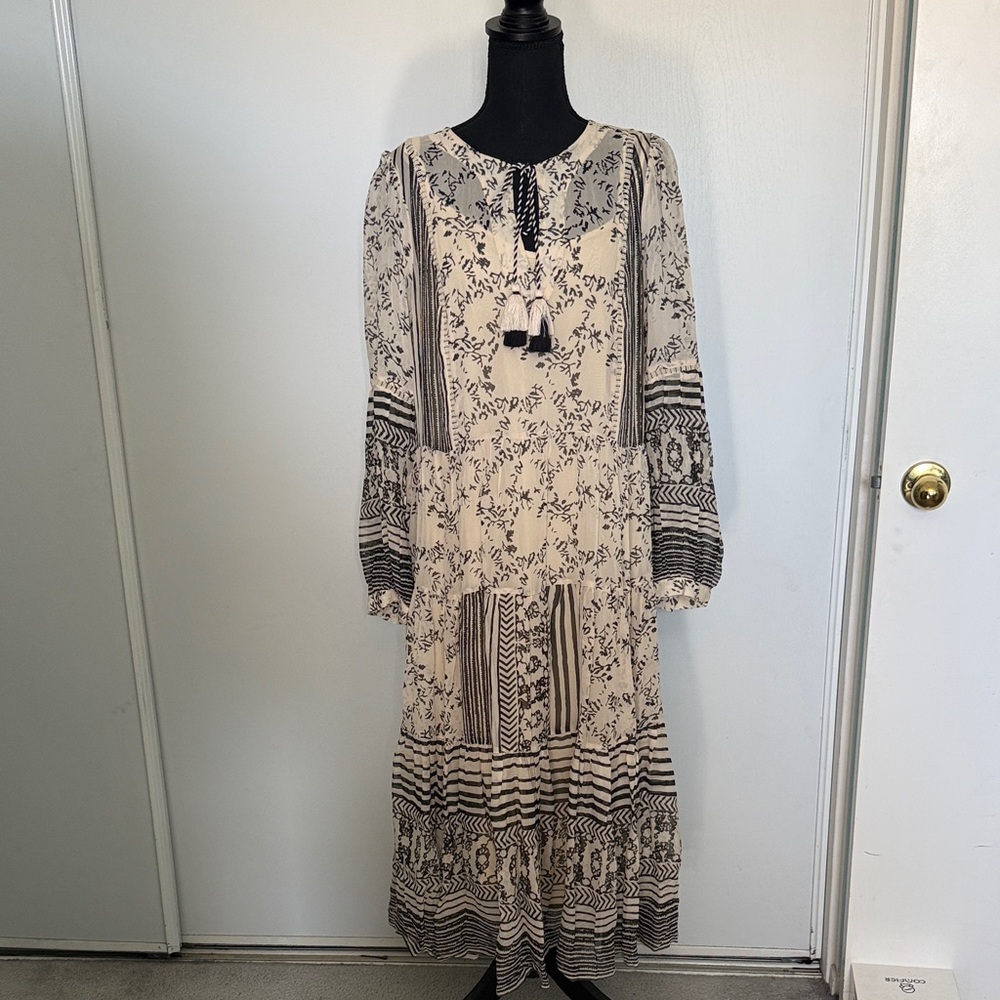 Anthropologie Bohemian Long Sleeve Floral Maxi Dress in Cream and Black | Sz L